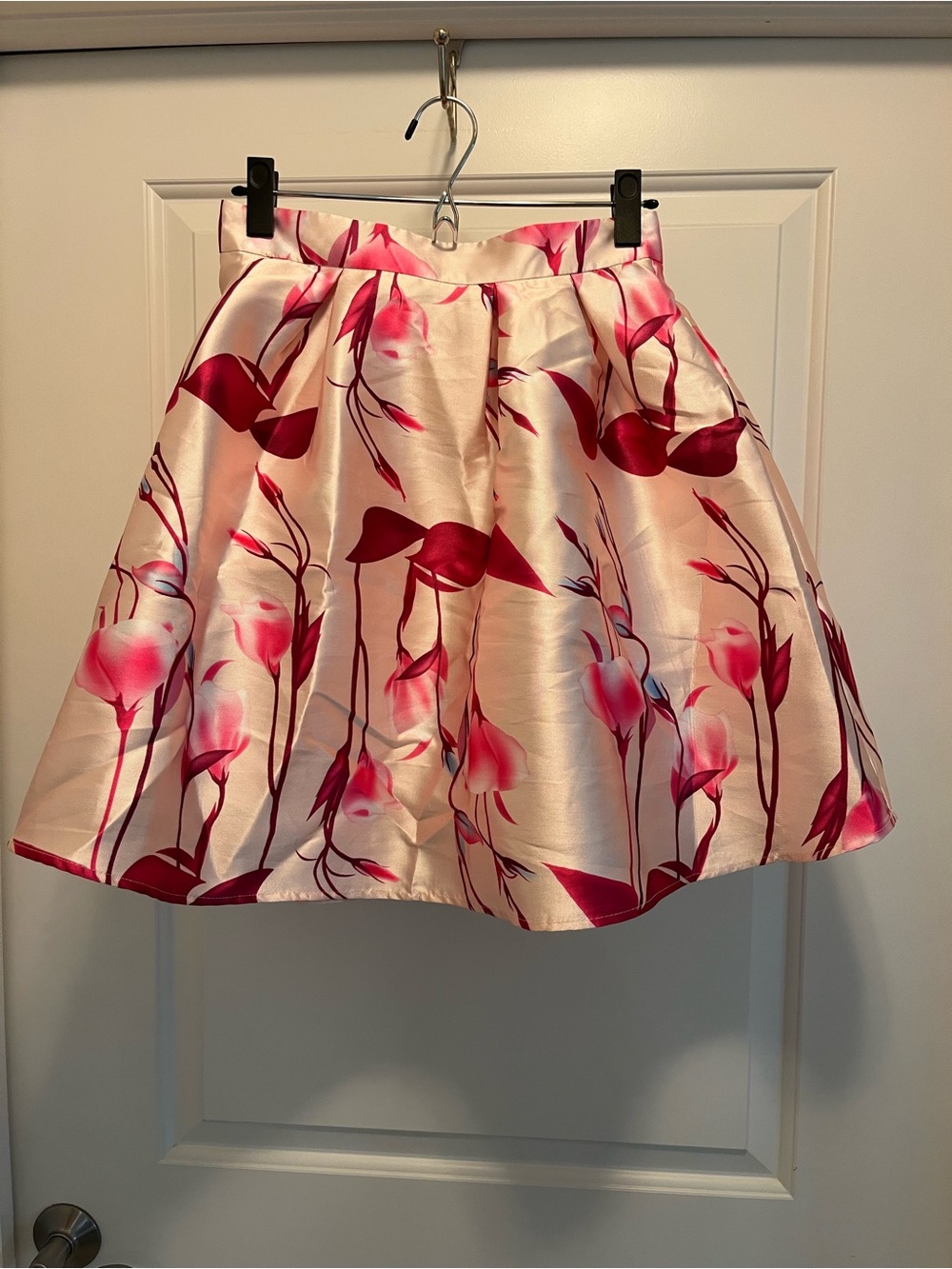 Cals Pink Satin A-Line Skirt with Berry Floral Print